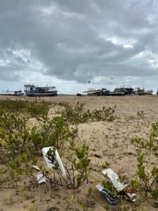 Plastik- und Verpackungsmüll liegt zwischen Mangrovenpflanzen am Strand von Ilha do Guajiru in Brasilien, im Hintergrund Fischerboote und Kitesurfer unter bewölktem Himmel.